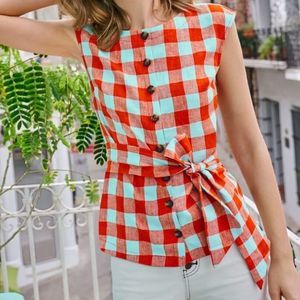 Boden Womens US 12 Cassidy Linen Blouse Orange Blue Check Front Button Belt NWOT